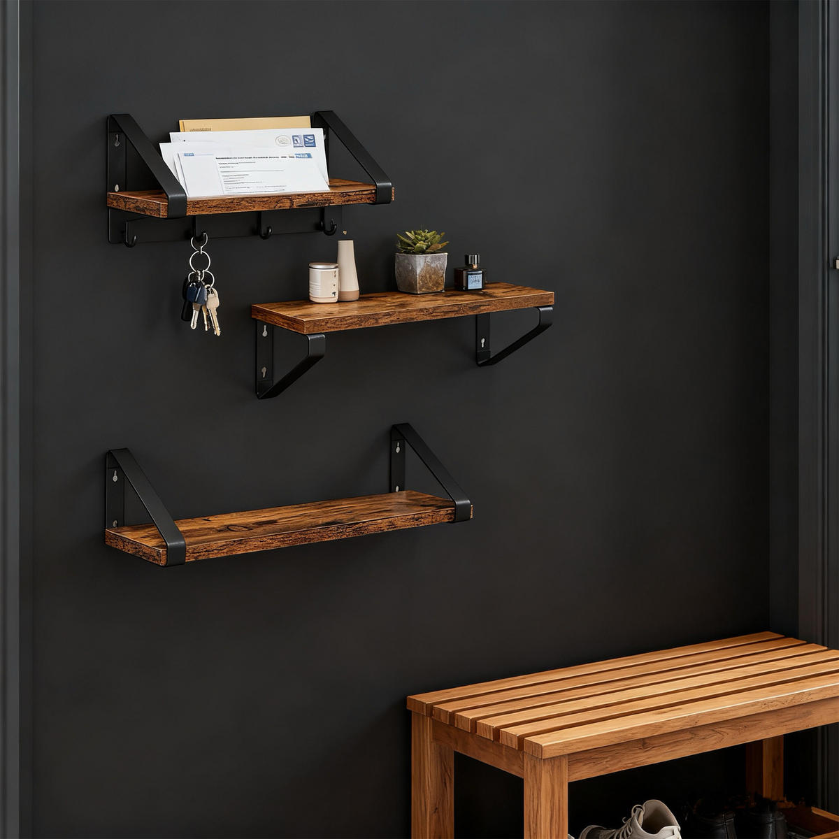 WANDREGAL-SET - Braun, Holzwerkstoff/Metall (40/11/12cm) - Relaxdays