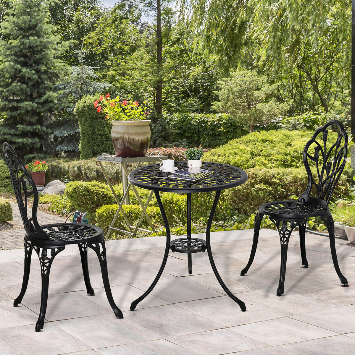 BISTRO set Ø60/67 cm černý z hliníku se skládacími židlemi pro 2 osoby - černá, kov - OKWISH