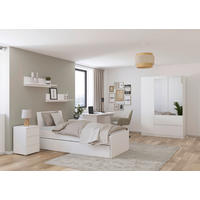JUGENDZIMMER Joel in Weiß 5 teilig – mit 3türigem Kleiderschrank mit Spiegel, 90er Jugendbett, Nachttisch, Schreibtisch und Rollcontainer - Weiß, Holzwerkstoff (80/200/120cm)