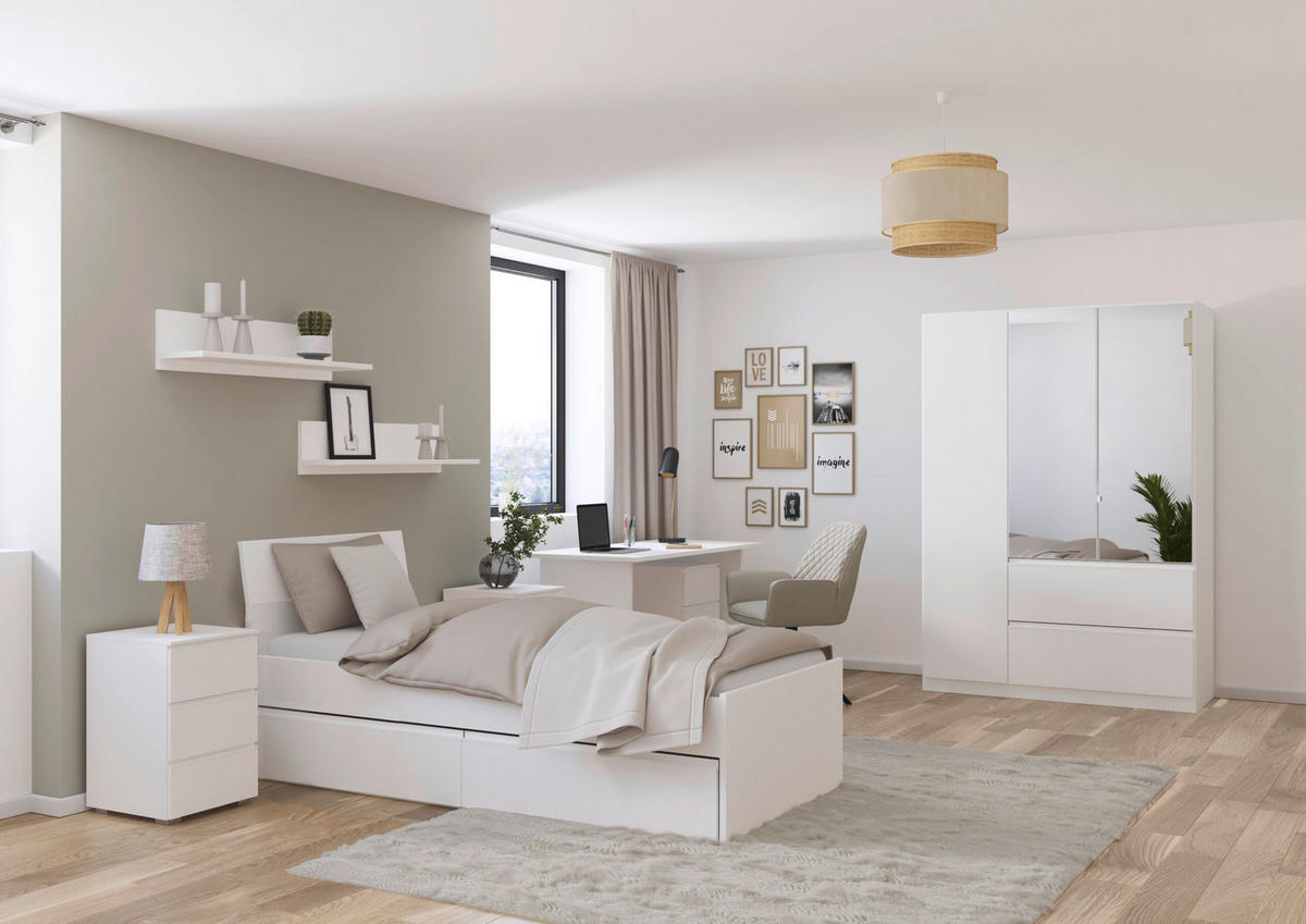 JUGENDZIMMER Joel in Weiß 5 teilig – mit 3türigem Kleiderschrank mit Spiegel, 90er Jugendbett, Nachttisch, Schreibtisch und Rollcontainer - Weiß, Holzwerkstoff (80/200/120cm)