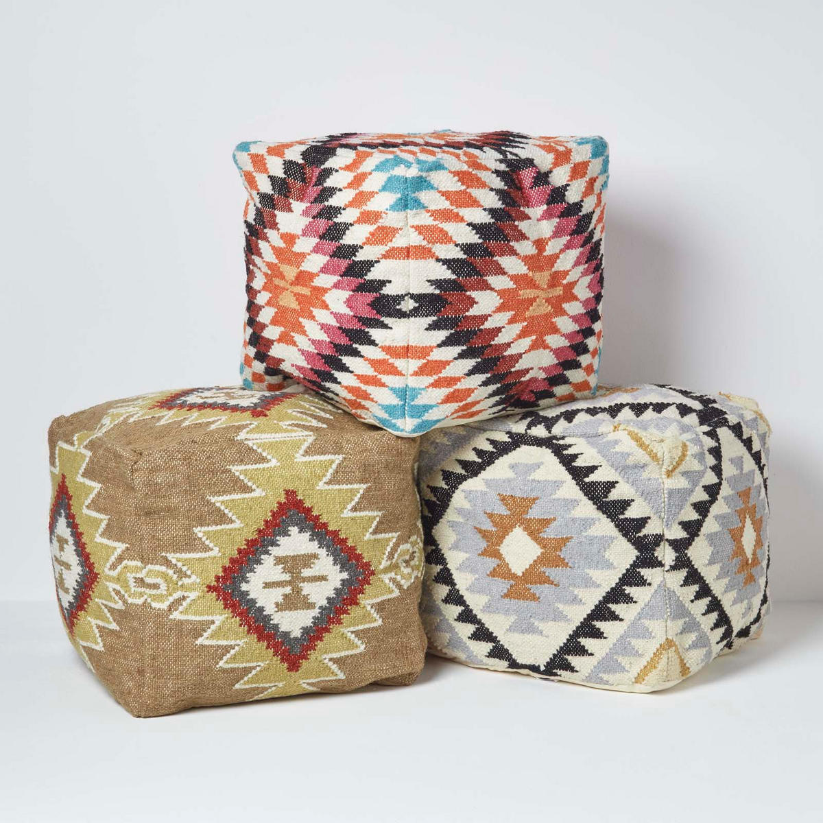 KELIM-POUF Jaipur mit Ethno-Muster, 43/43/43 cm - Multicolor, Textil (43/43/43cm) - Homescapes