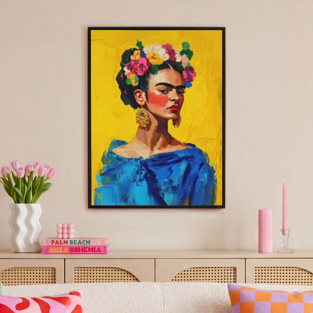 LEINWAND Bilder mit Rahmen - Frida Kahlo - Frau - Gelb - Blau - Blumen - 70x100 - Gelb, Textil (70/100cm) - MuchoWow