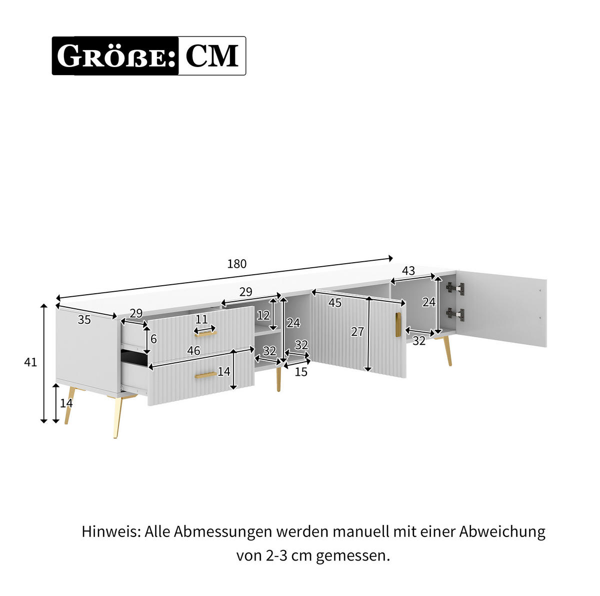 TV-LOWBOARD aus MDF 180x35x41 cm Weiß mit 2 Schubladen, 2 Türen und 3 offenen Fächern - Weiß, Holzwerkstoff (180/44/35cm) - Modfu