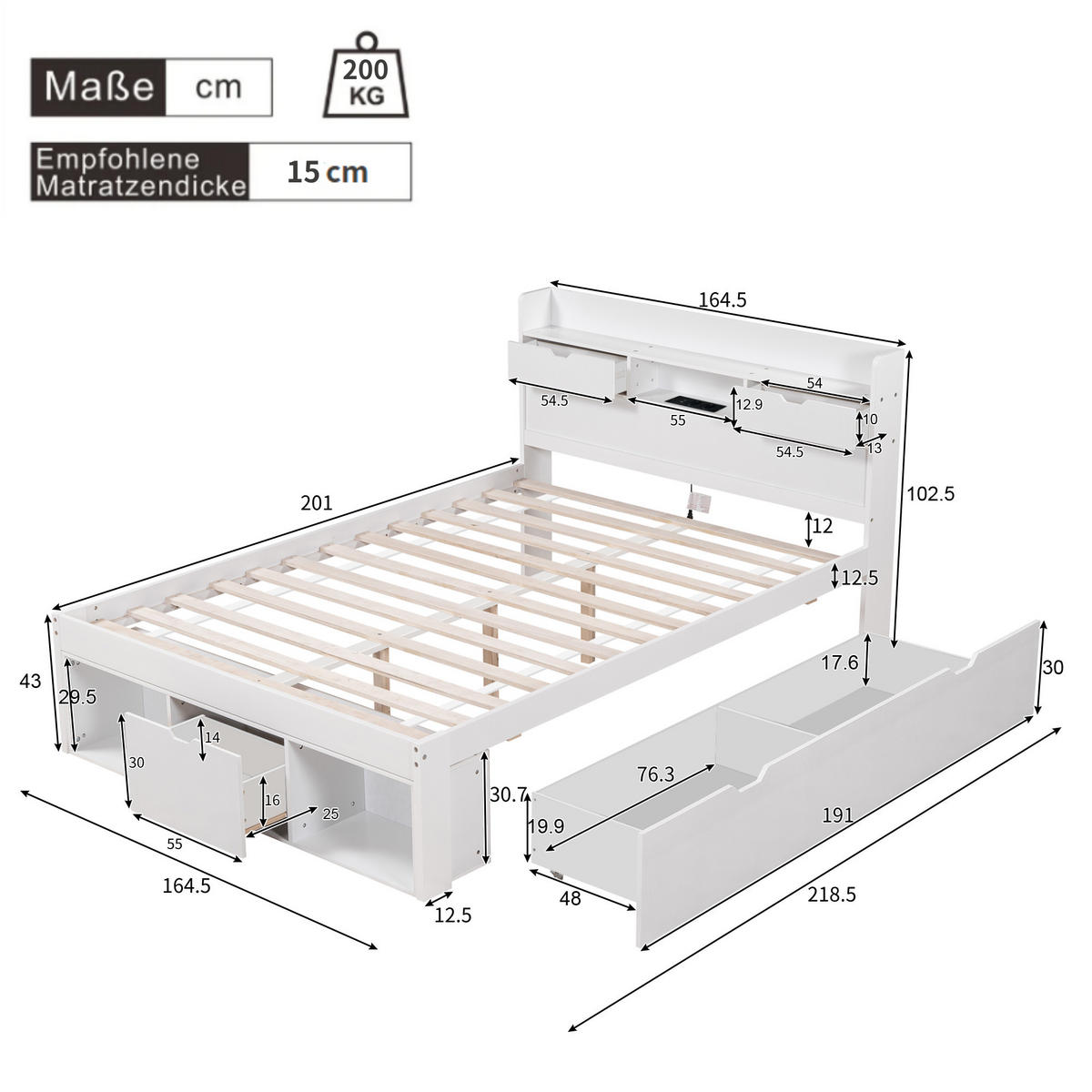 DOPPELBETT 160x200cm Weiß Mit USB & Großem Stauraum - Weiß, Holzwerkstoff (160/200cm) - FLIEKS
