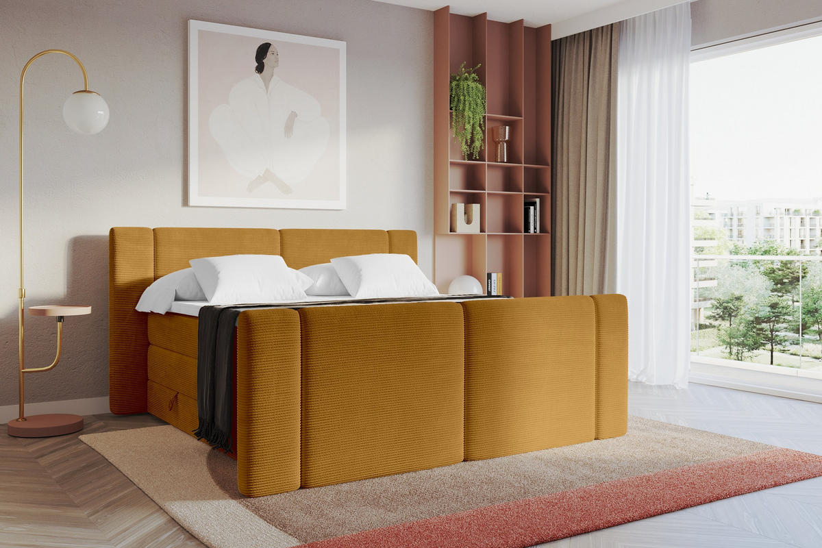 BOXSPRINGBETT mit Matratze H3/H4 - EVON KING Zanozek - 140x200 cm Senfgelb - Dunkelgelb, Holzwerkstoff (140/200cm) - ALTDECOR