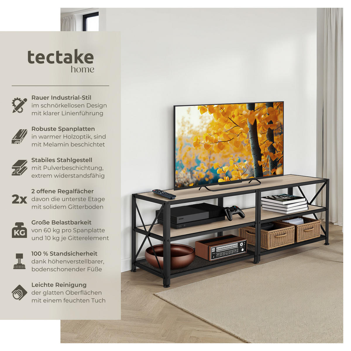 TV-REGAL Chicago,141 x 41,5 x 50,5 cm,Industrial Holz hell, Eiche Sonoma - Naturfarben, Holzwerkstoff (41.5/50.5/141cm) - tectake