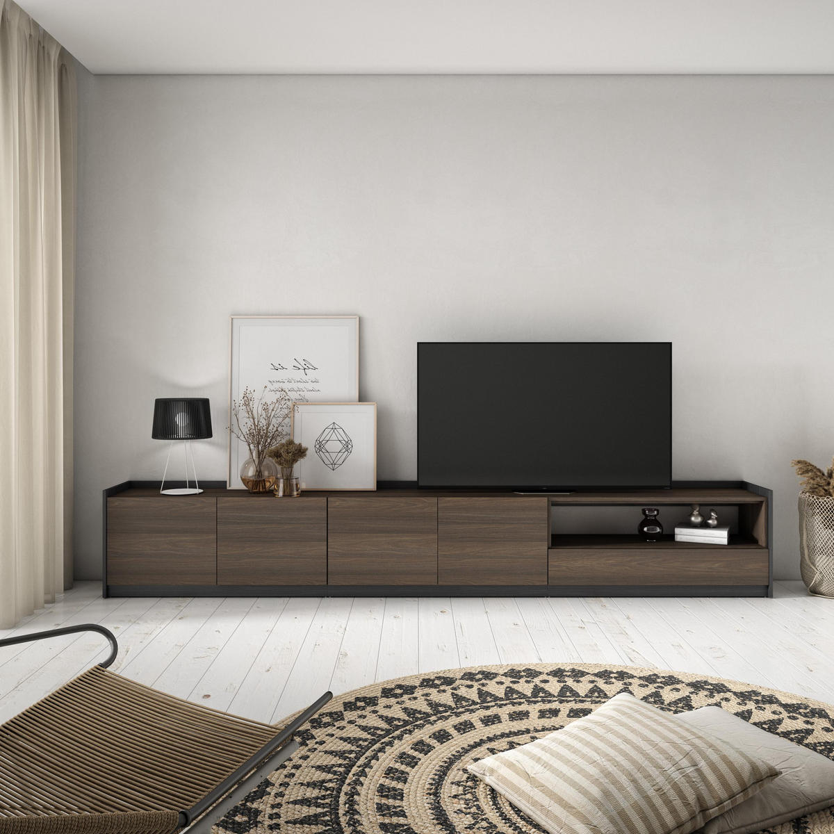 TV-SCHRANK, Lowboard, Dunkler Eiche und Schwarz, 310/37/50cm - Dunkelbraun, Holzwerkstoff (310/50/37cm) - Skraut Home
