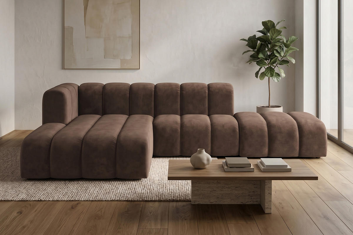 ECKSOFA Modulares In L-Form Mit Hocker, Velvet-Stoff Riviera, Braun, Links, GRAND Mini - Braun, Holz (295/179cm) - Kaiser Möbel