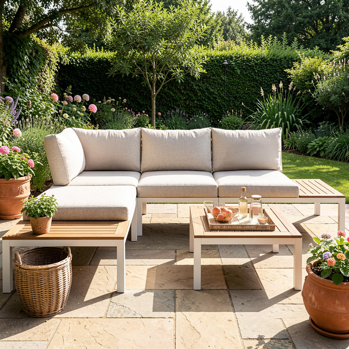 LOUNGEGARNITUR 5-tlg. Stahl & Akazie Beige Gartensofa mit Tisch & Beistelltischen - Beige, Metall - Urban Meuble
