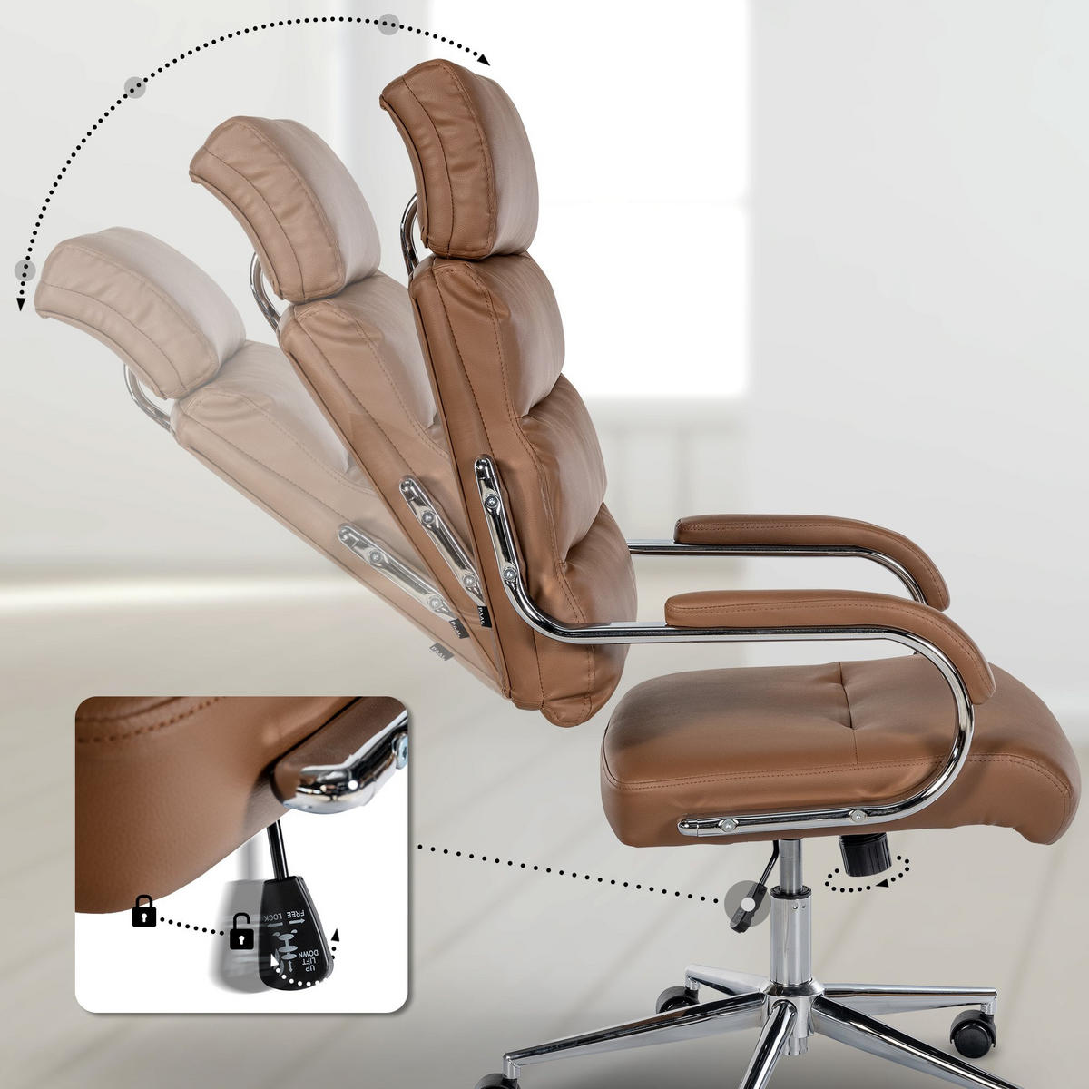 DREHSTUHL Lederlook Hellbraun - Chromfarben/Hellbraun, Textil/Metall (61/119/78cm) - CLP