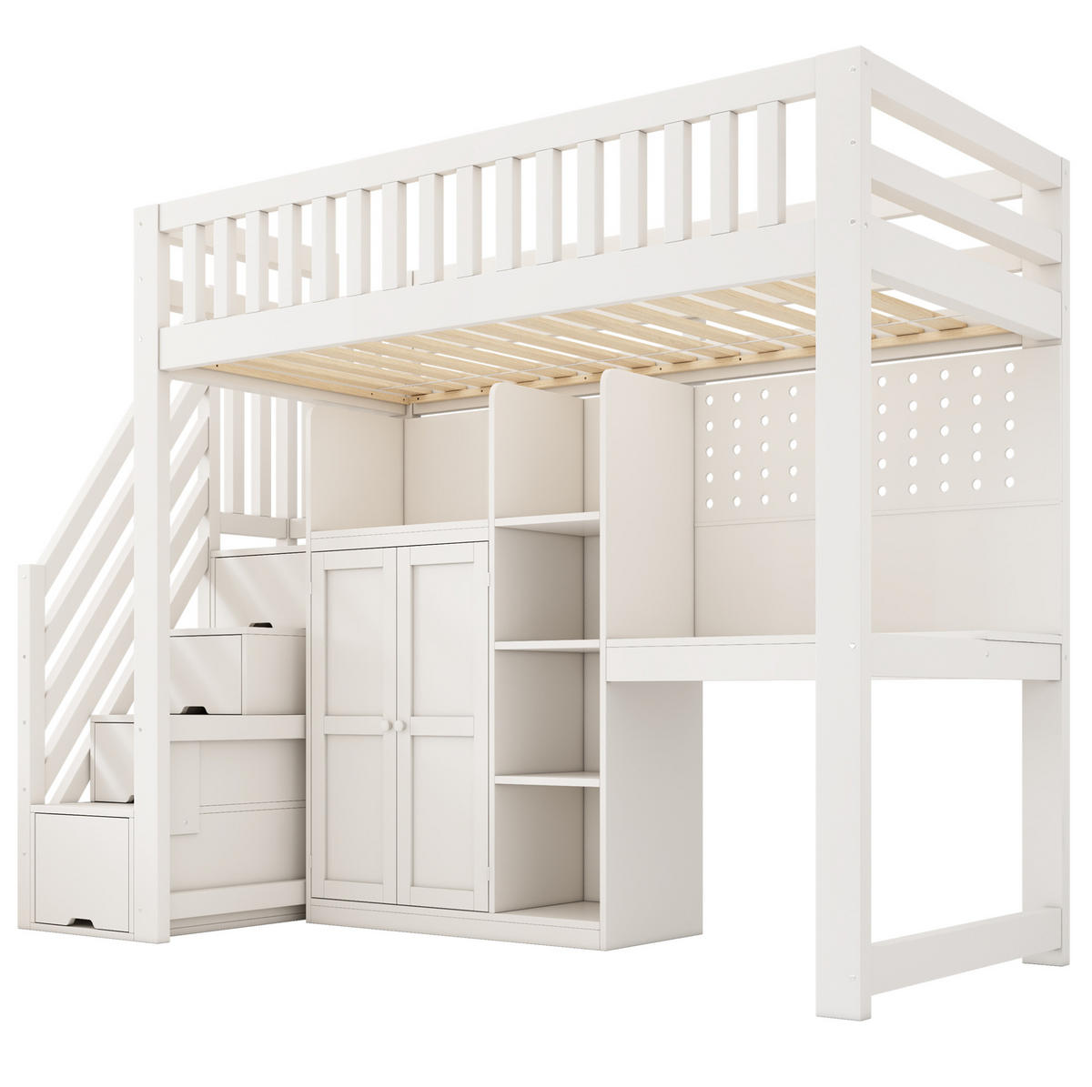 HOCHBETT 90/200 cm in Weiß mit Schreibtisch, Schrank und Lattenrost - Weiß, Holzwerkstoff (90/200cm) - BEAOK