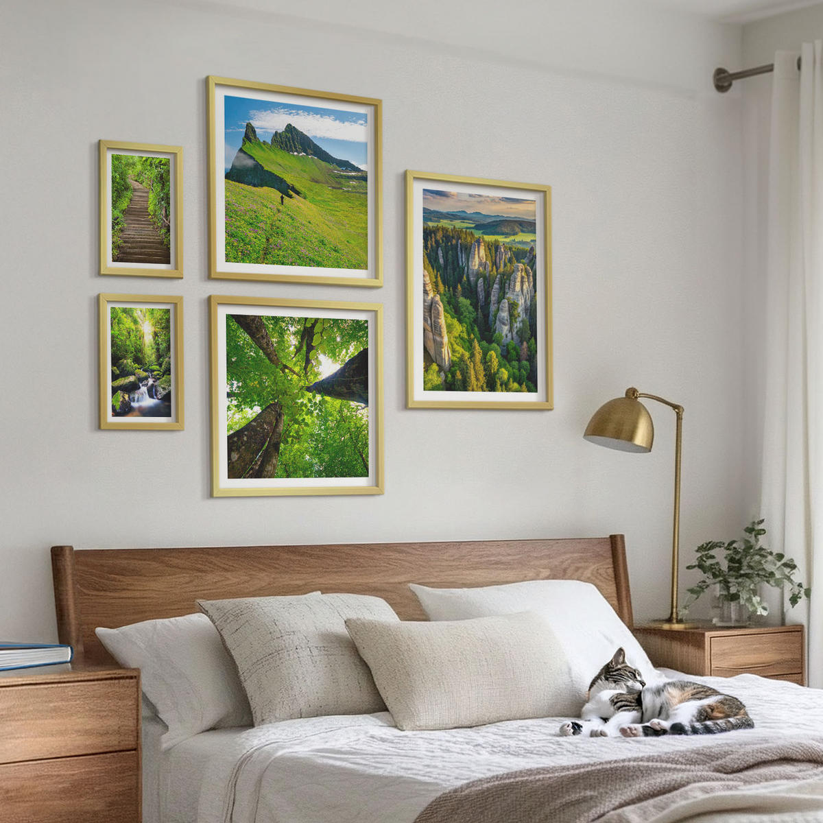 BILDER SET 5er Set - 50x50 cm & 20x30 cm & 40x60 cm Goldrahmen - Grüne Berge Wasserfallwald - Goldfarben, Kunststoff (40/60cm) - TULUP