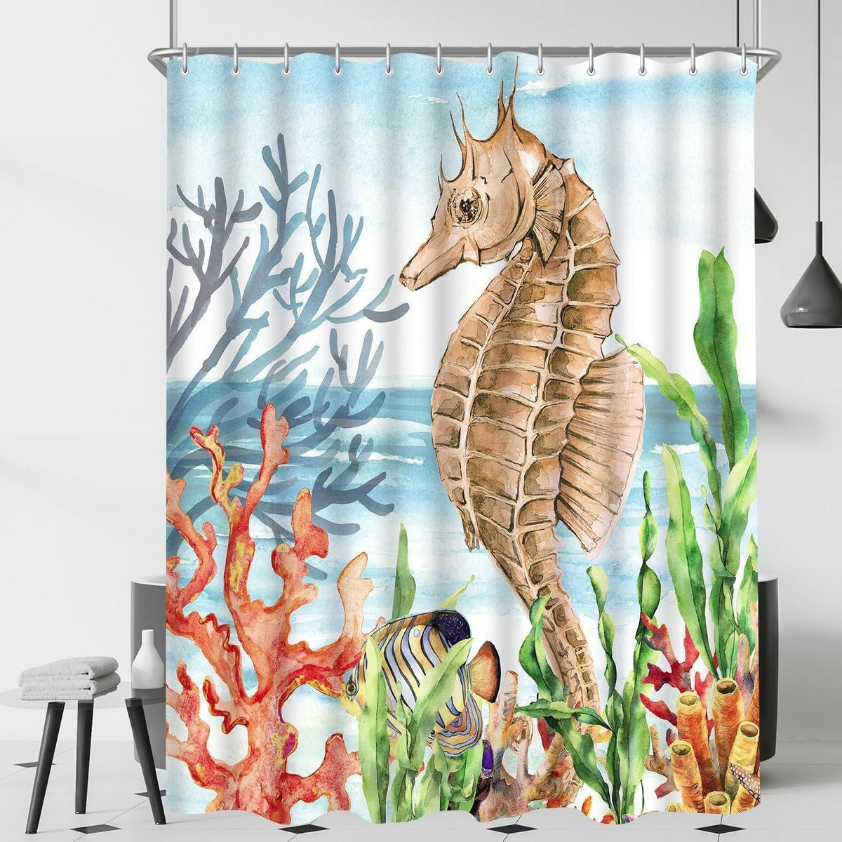 DUSCHVORHANG Seepferdchen Bemalt 180 x 200 cm - Multicolor, Textil (180/200cm)
