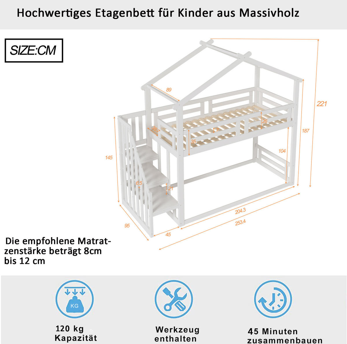 HAUSBETT 90/200 cm aus Massivholz in Weiß mit Sicherheitsleiter - Weiß, Holz (90/200cm) - BEAOK