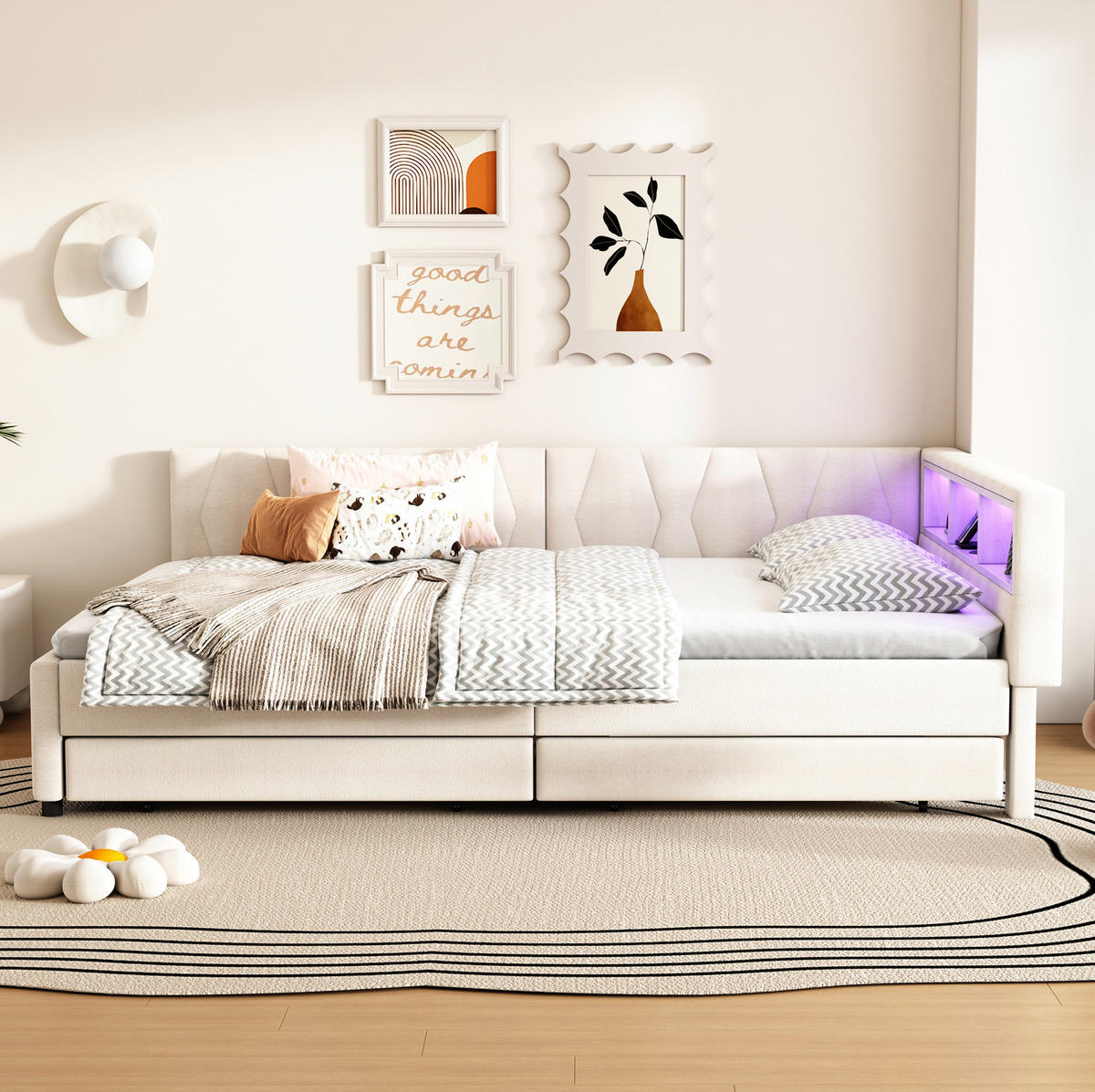 POLSTERBETT 140/200 cm aus Leinen mit LED-Beleuchtung und 2 Schubladen - Beige, Textil (140/200cm) - Flora Grace