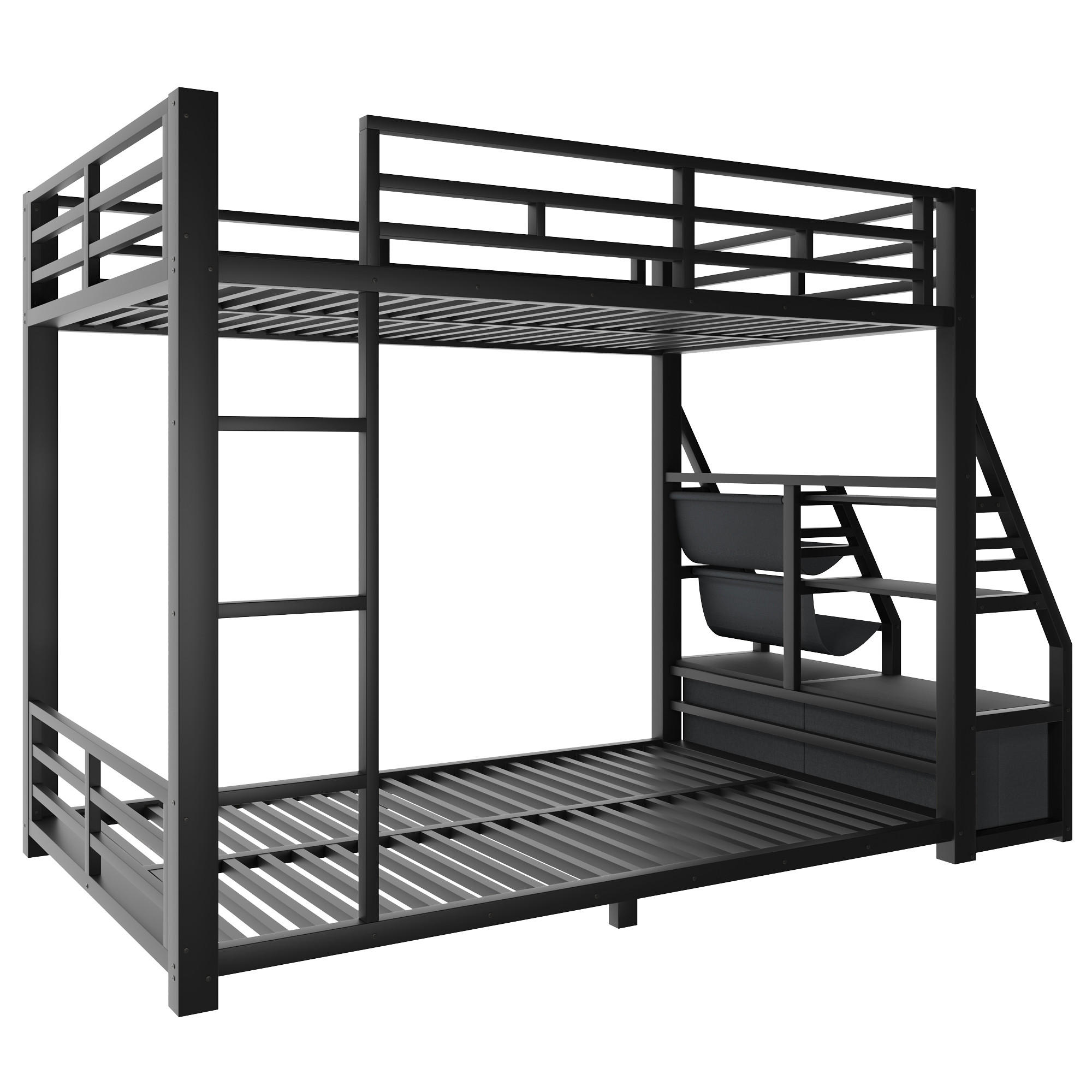 ETAGENBETT 90/200 cm in Schwarz mit LED, Ablagen und 2 Stoffschubladen - Schwarz, Holzwerkstoff/Metall (90/200cm) - WISHDOR