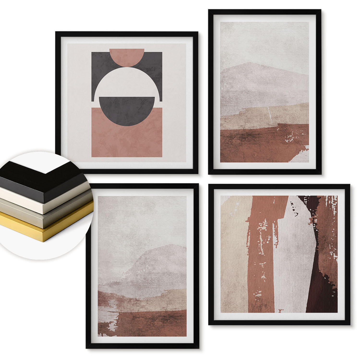 WANDBILDER 4er-Set - 50x50 cm & 40x60 cm Schwarzer Rahmen - Abstrakte braune Muster - Schwarz, Kunststoff (50/50cm) - ArtPrintCave