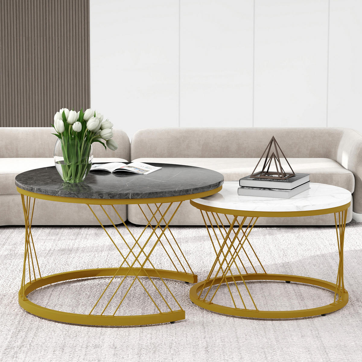 COUCHTISCH SET 2 Marmor Furnier Rund Gold Rahmen Nesting Tische - Grau, Holzwerkstoff (70/70/45cm)