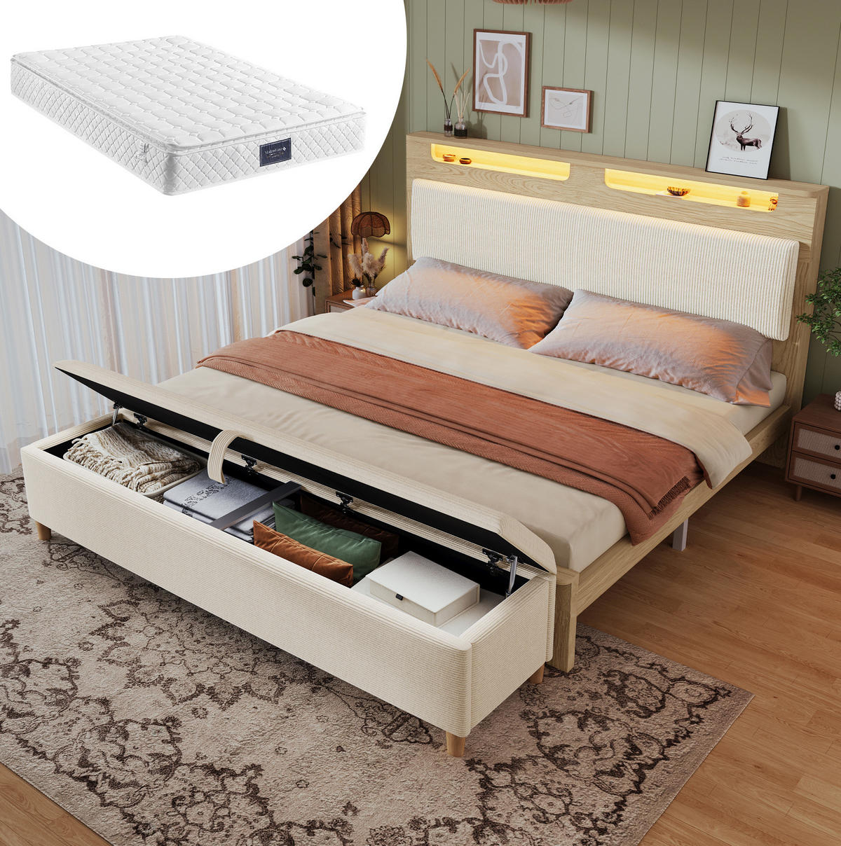 DOPPELBETT 160/200 cm beige/eichefarben aus Cordstoff und Holz mit LED, Stauraum und Bettbank - Beige, Holzwerkstoff (160/200cm) - OKWISH