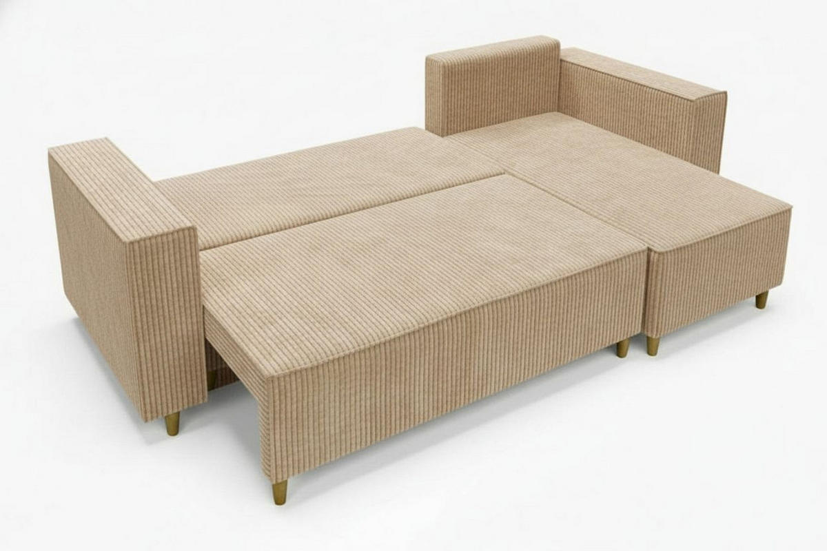 ECKSOFA RIO mit Schlaffunktion und Bettkasten, Farbe: Creme, Cordstoff, Ottomane Universal - Creme, Textil (249/142cm) - Marpur