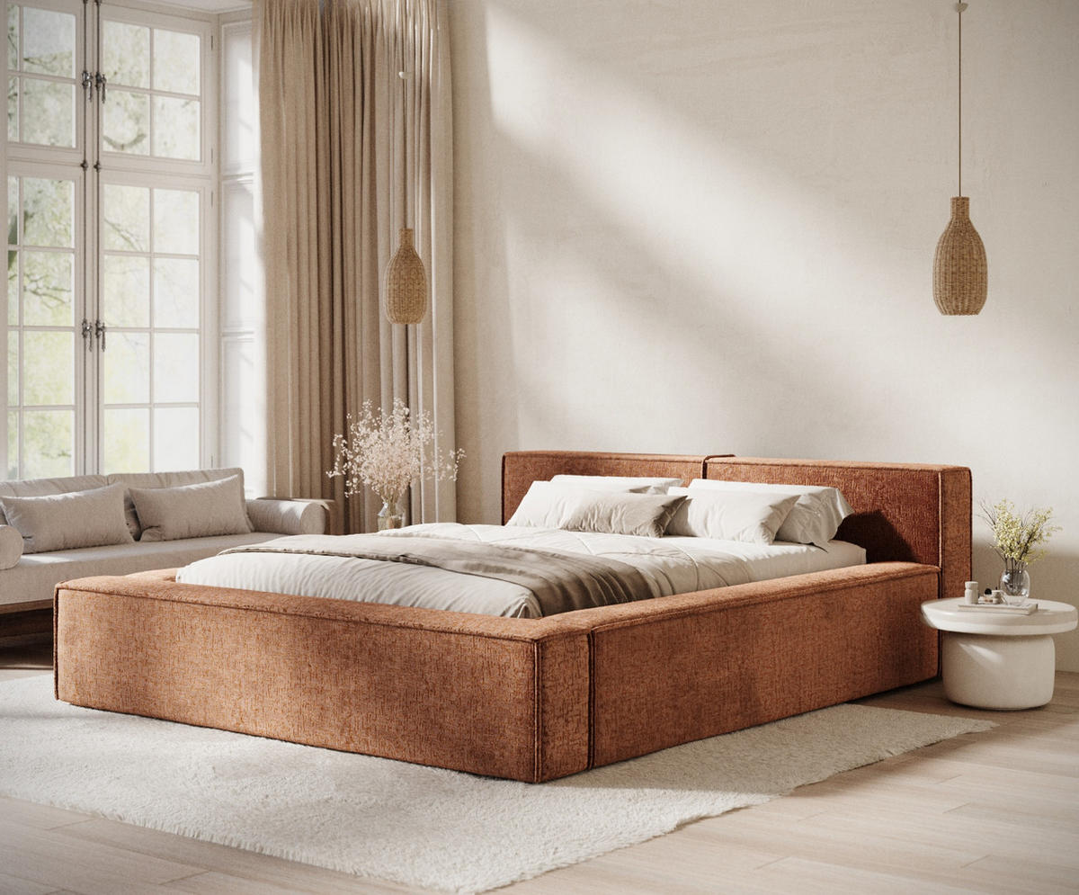 POLSTERBETT Voliera Dunkelorange 140/200 cm im Chenille-Stoff - Birkefarben/Dunkelorange, Holz/Holzwerkstoff (140/200cm) - Maison de Reve