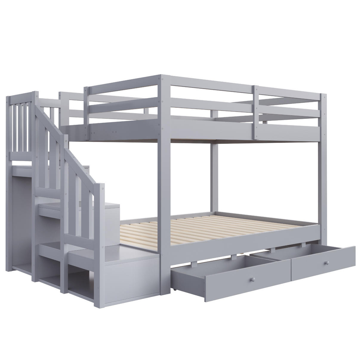 ETAGENBETT aus Kiefernholz 140x200 cm Grau mit Stauraumtreppe und 2 Schubladen - Grau, Holz (140/200cm) - Modfu