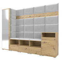 GARDEROBE NELA XI 250 cm (Modulare Flurmöbel Artisan Eiche mit Spiegel & Sitzpolster Hellgrau 32 Großes Set) - Silberfarben/Hellgrau, Holz/Holzwerkstoff (250/187/40cm) - Ravio