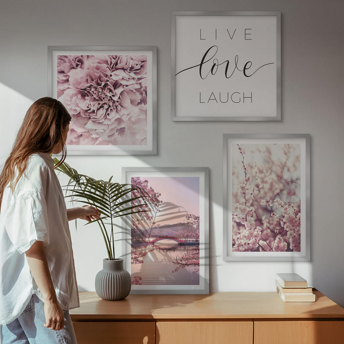 BILDER SET 4er Set - 50x50 cm & 40x60 cm Silberner Rahmen - Blumenbrücke – Lebensinspiration - Silberfarben, Kunststoff (50/50cm) - TULUP