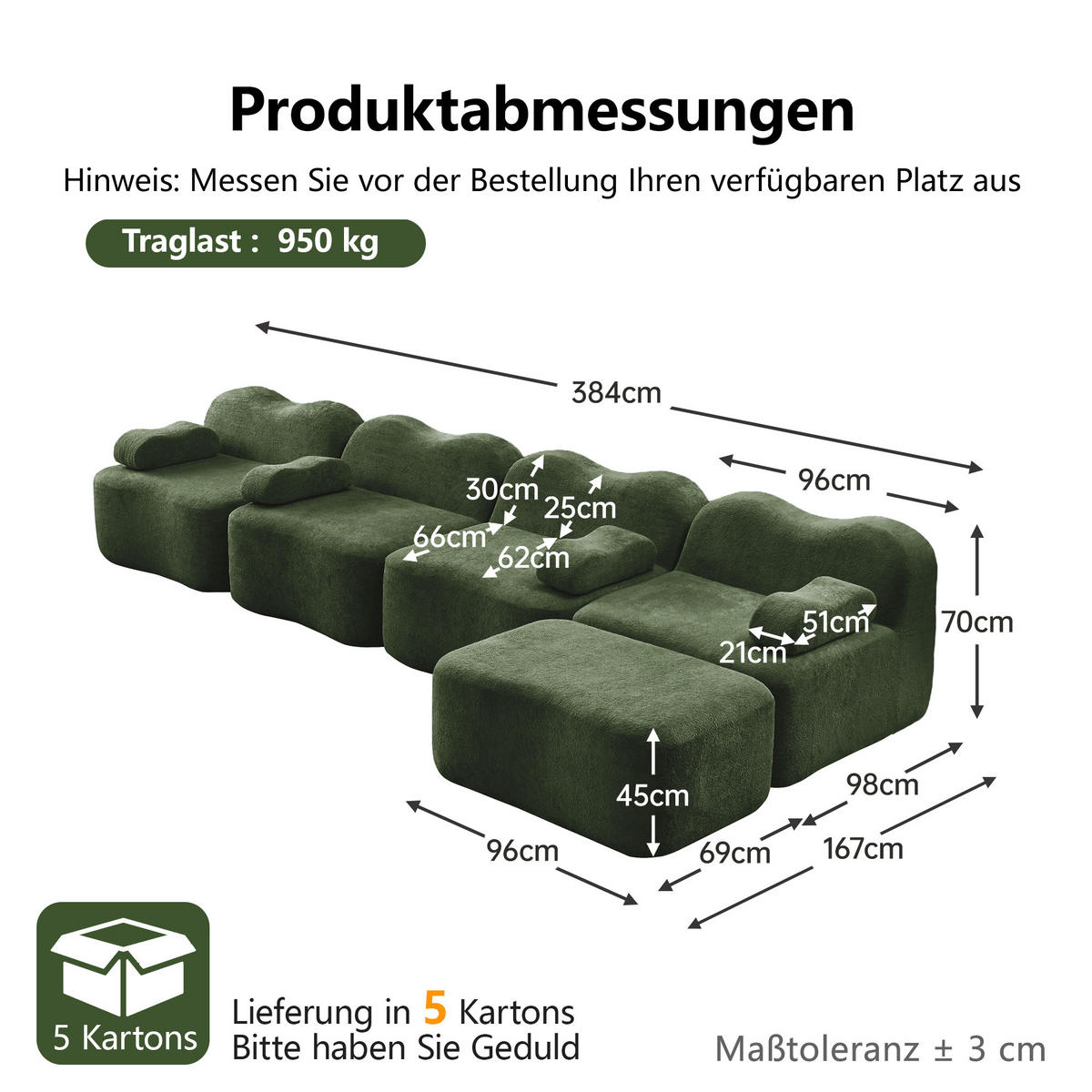 ECKSOFA DE-34348 Wellenform mit Ottoman Grün - Grün, Textil (167/384cm) - ComfortXL
