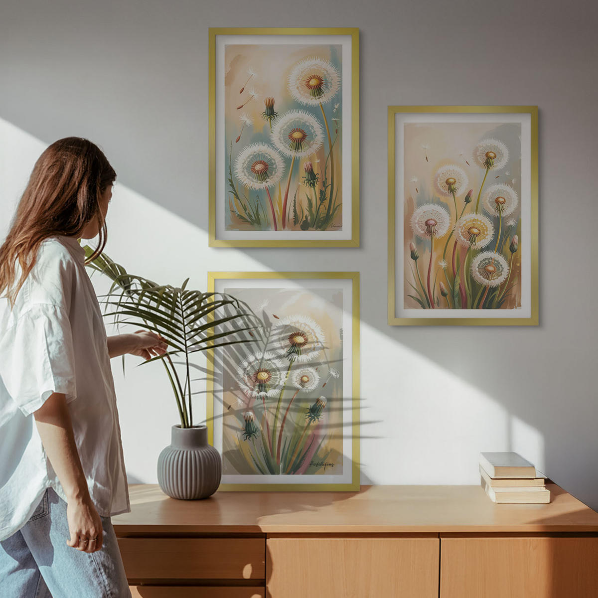 BILDER SET 3er Set - 40x60 cm Goldrahmen - Löwenzahnblüten, pastellfarbene Gräser - Goldfarben, Kunststoff (40/60cm) - TULUP