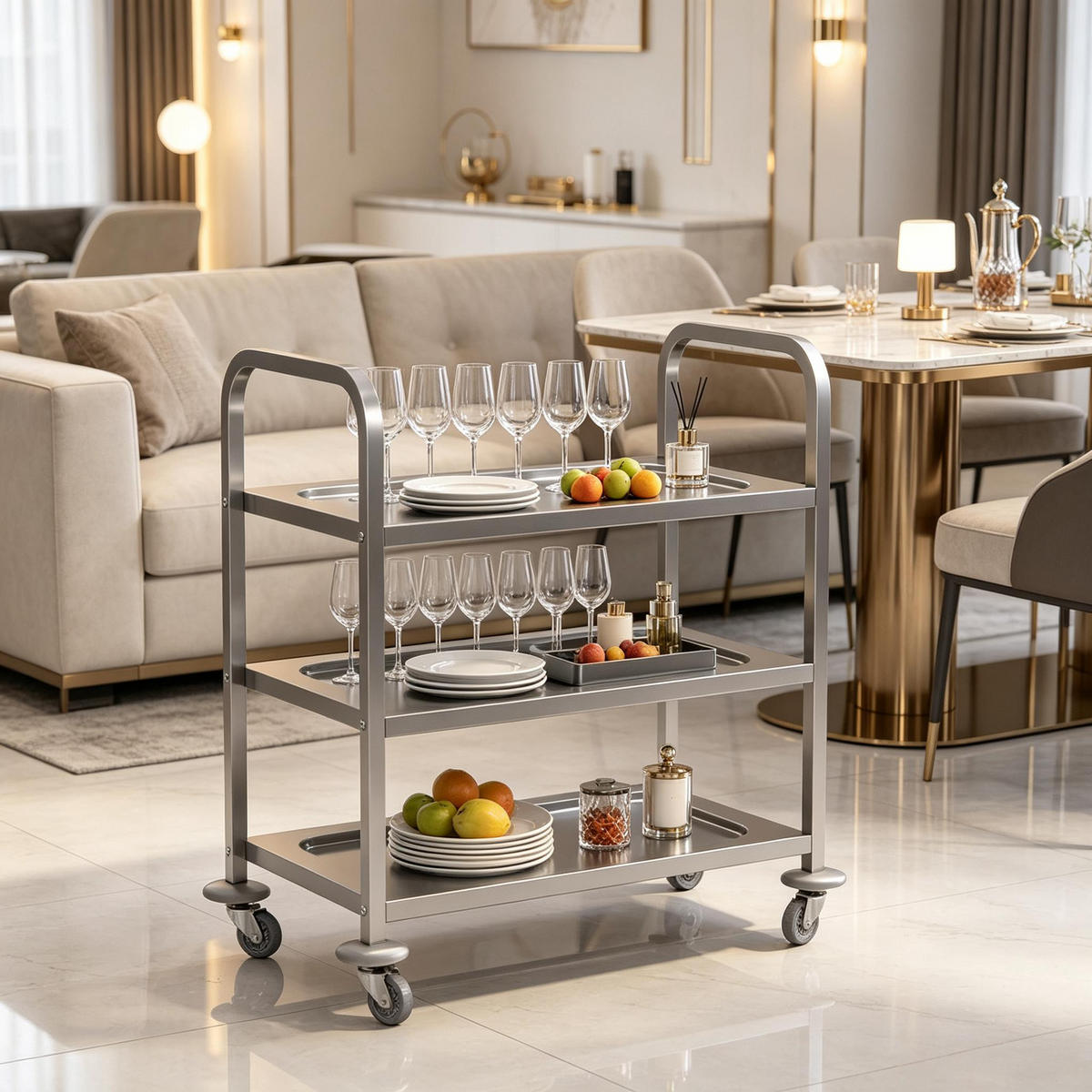 SERVIERWAGEN DE-41501 90,5/50,5/88,2 cm, 3 Etagen, Rollen Chrom - Silberfarben, Metall (90.5/88.2/50.5cm) - ComfortXL