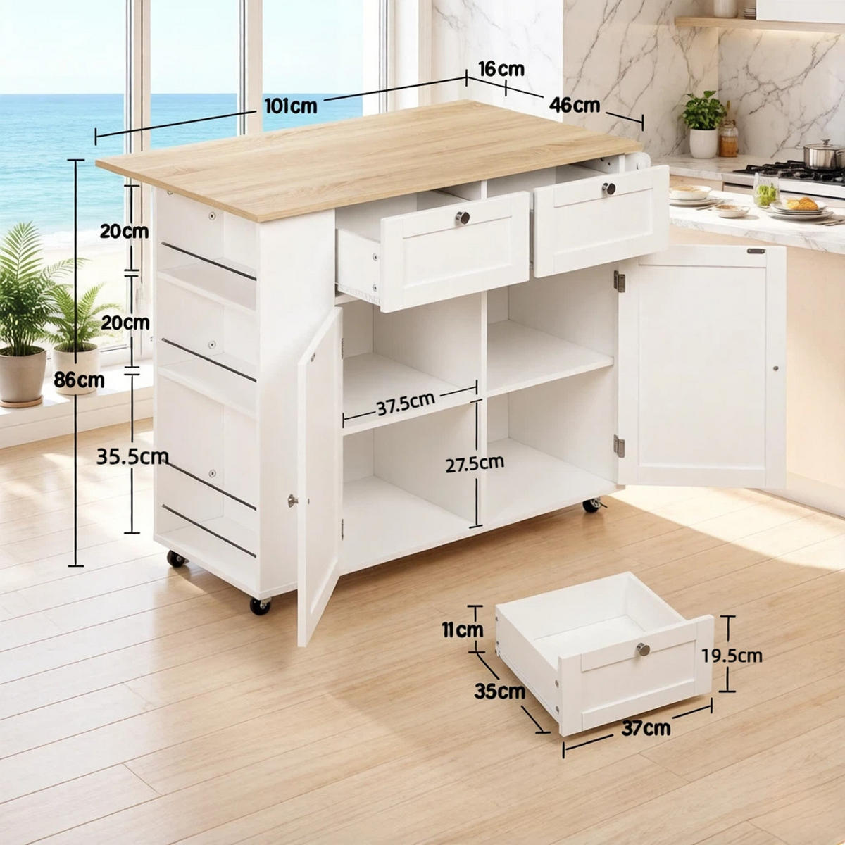KÜCHENINSEL KLAPPBARE ARBEITSPLATTE, Spanplatte-Metall, Küche, 101/62/86 cm - Weiß, Holzwerkstoff (62/86/101cm) - Rolipo