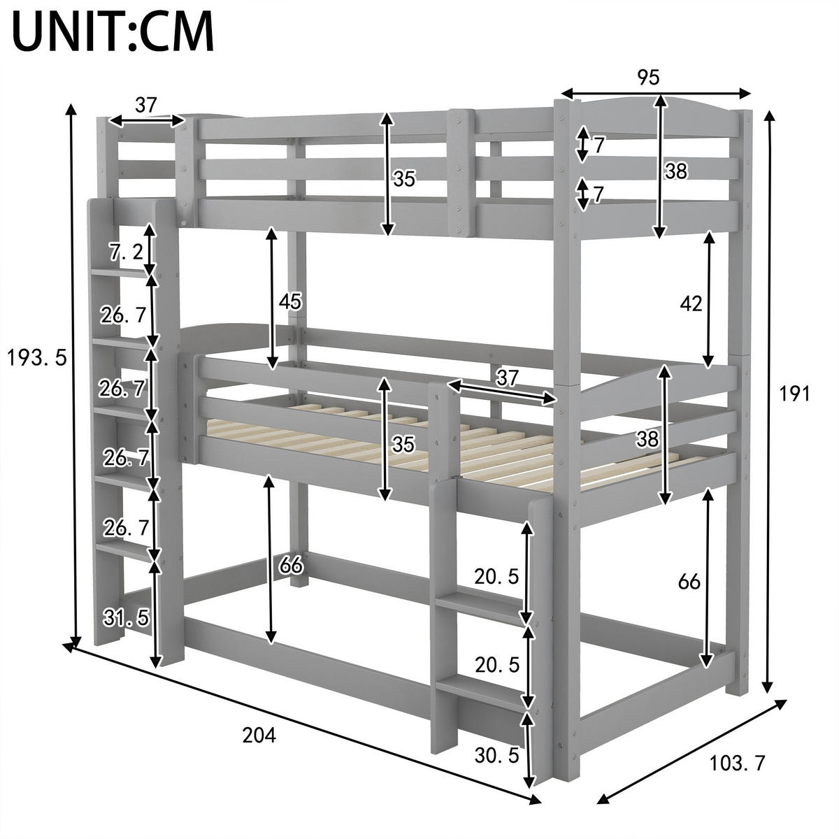 ETAGENBETT 90x200cm Grau Dreier-Etagenbett Holz Kinderbett - Grau, Holz (90/200cm) - FLIEKS