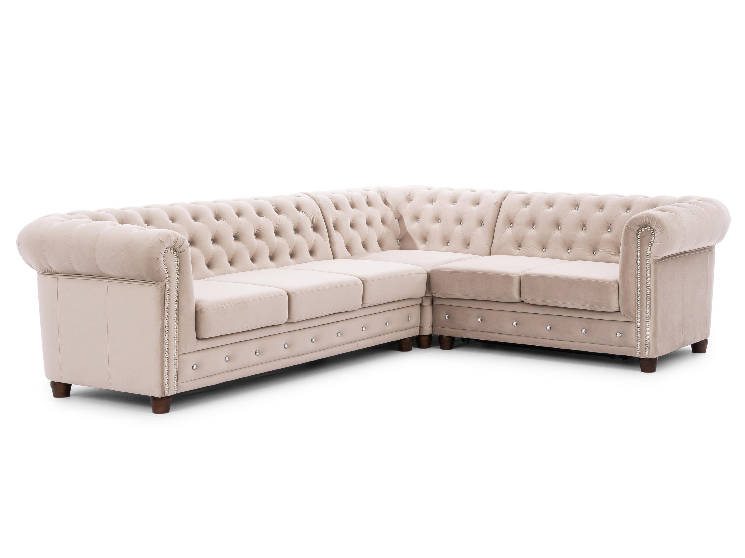 ECKSOFA mit Schlaffunktion Chesterfield Cleo Blink Beige Samt mit Kristallsteppung und braunen Massivholzfüßen - Ottomane Rechts - Beige/Braun, Holz/Textil (264/210cm) - S-Style Möbel
