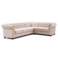 ECKSOFA mit Schlaffunktion Chesterfield Cleo Blink Beige Samt mit Kristallsteppung und braunen Massivholzfüßen - Ottomane Rechts - Beige/Braun, Holz/Textil (264/210cm) - S-Style Möbel