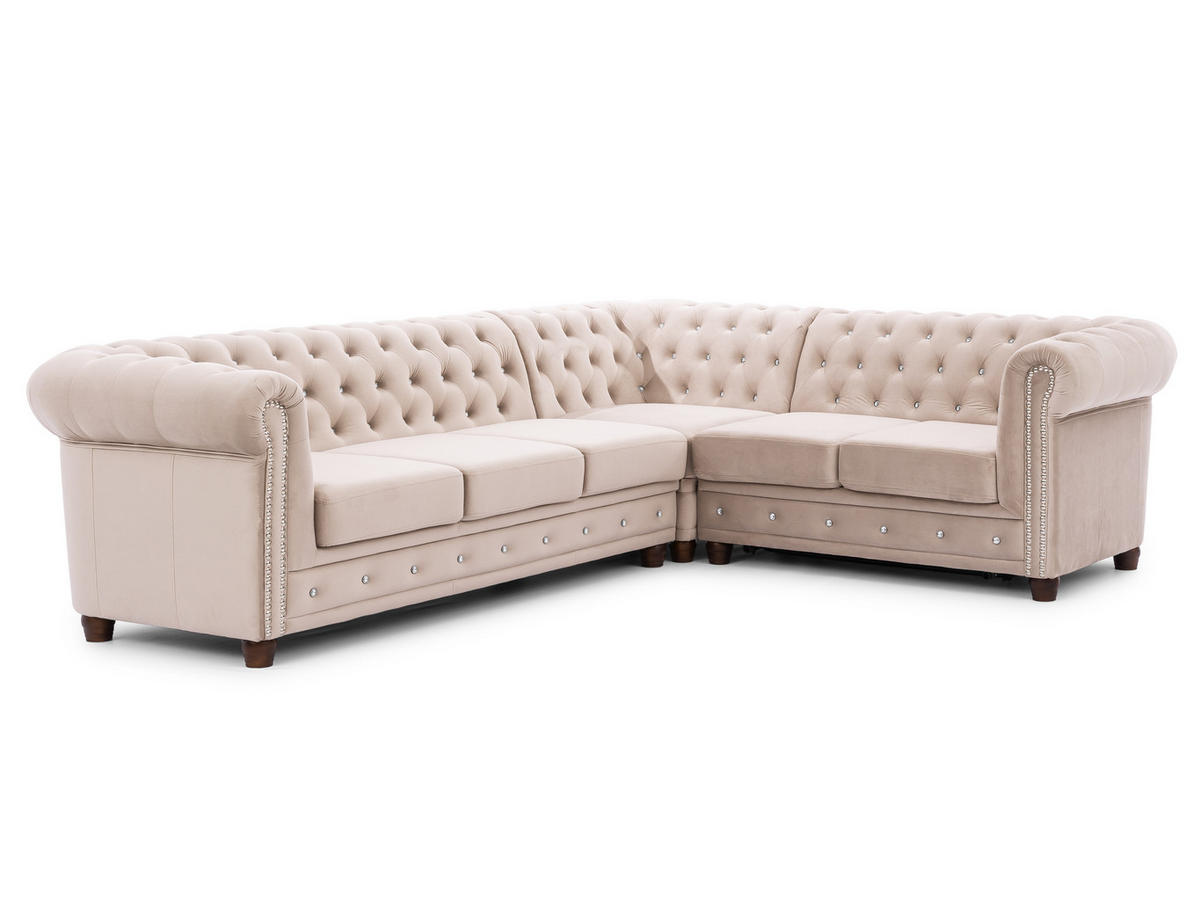 ECKSOFA mit Schlaffunktion Chesterfield Cleo Blink Beige Samt mit Kristallsteppung und braunen Massivholzfüßen - Ottomane Rechts - Beige/Braun, Holz/Textil (264/210cm) - S-Style Möbel