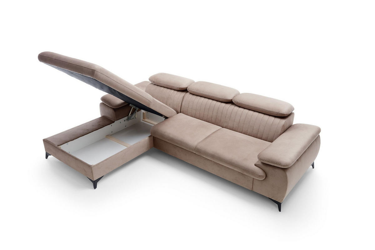 ECKSOFA FIORE Braun Velours-Stoff mit Schlaffunktion - Braun, Holz (280/193cm) - MASSENO