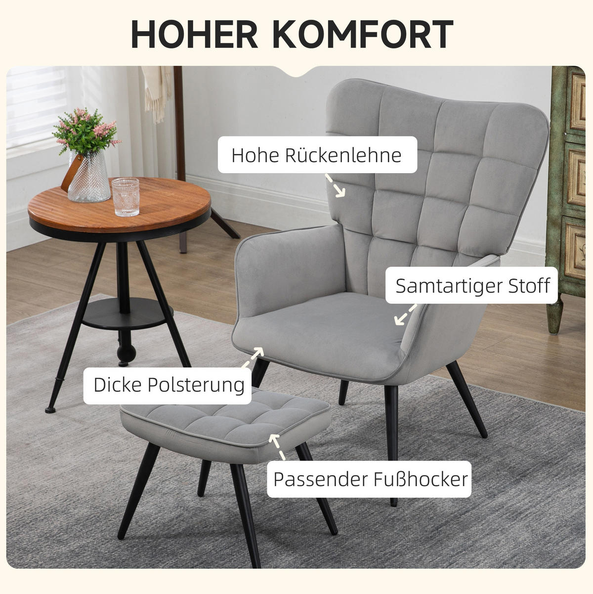 OHRENSESSEL-SET mit Hocker hohe Rückenlehne, Stahlgestell 73/77,5/98 cm Hellgrau - Hellgrau, Metall (77.5/98/73cm) - Redom
