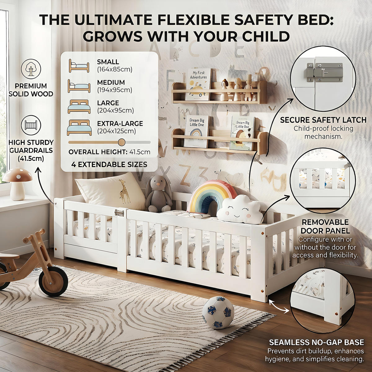 BODENBETT Modern mit Schließbarer Sicherheitstür 120/200 cm Kiefer-Massivholz Weiß - Weiß, Holz (120/200cm) - Creahappy