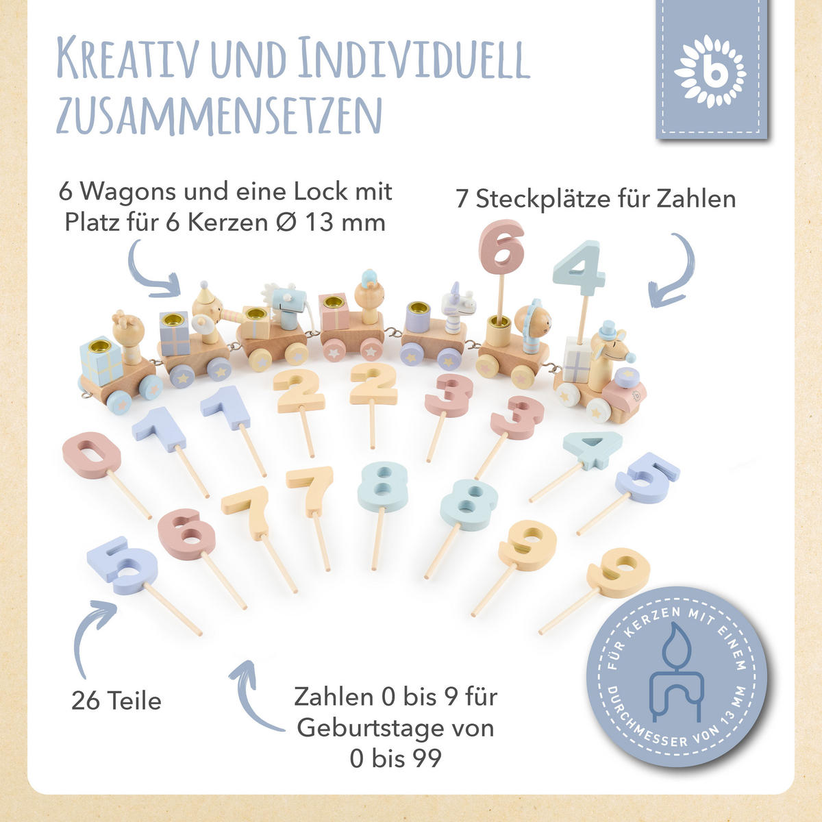 GEBURTSTAGSZUG Holz Scandi-Chic Candy 0- - Multicolor, Holz (5/48cm) - Bieco Spielwaren