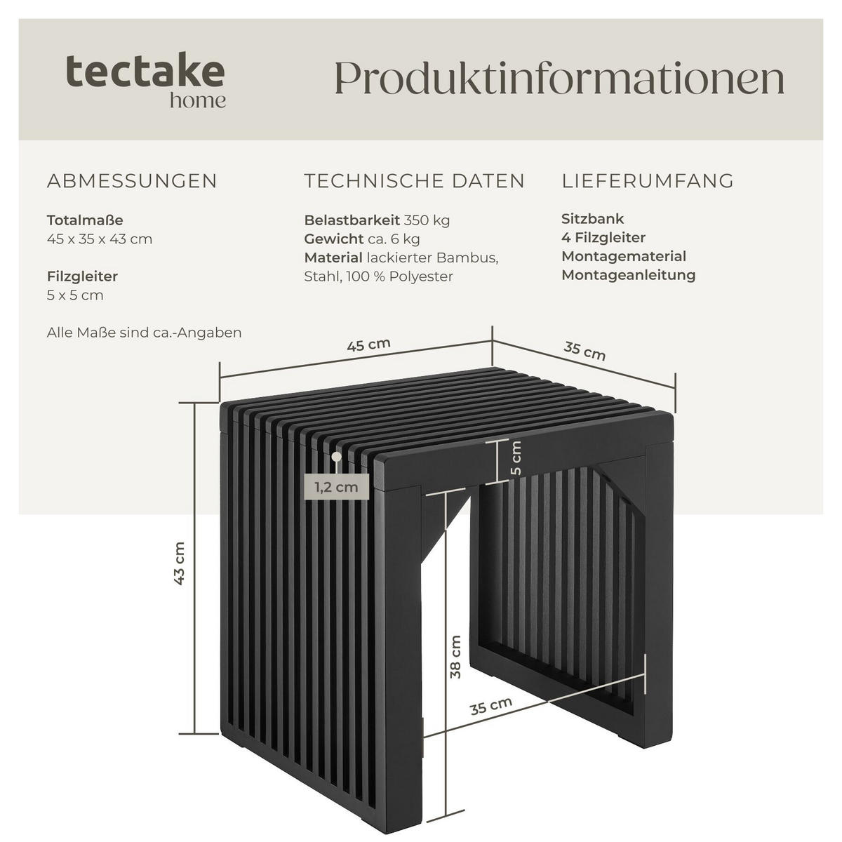 HOCKER Ribb, Belastbarkeit 350 kg, schwarz - Schwarz, Holz (45/43/35cm) - tectake