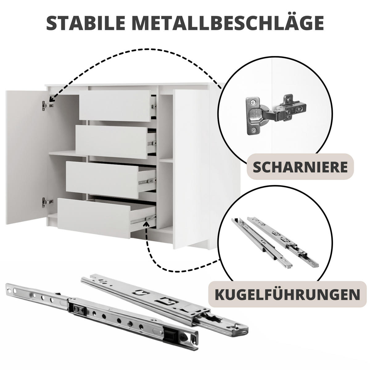 KOMMODE Lemon, mit 2 Türen und 4 Schubladen, 120 cm, Weiß matt - Weiß, Holzwerkstoff (120/101/39cm) - Beautysofa