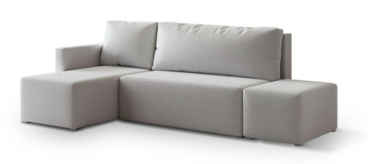 ECKSOFA VELOTTI L-S Hellgrau Boucle-Stoff mit Schlaffunktion - Hellgrau, Holz (261/143cm) - MASSENO