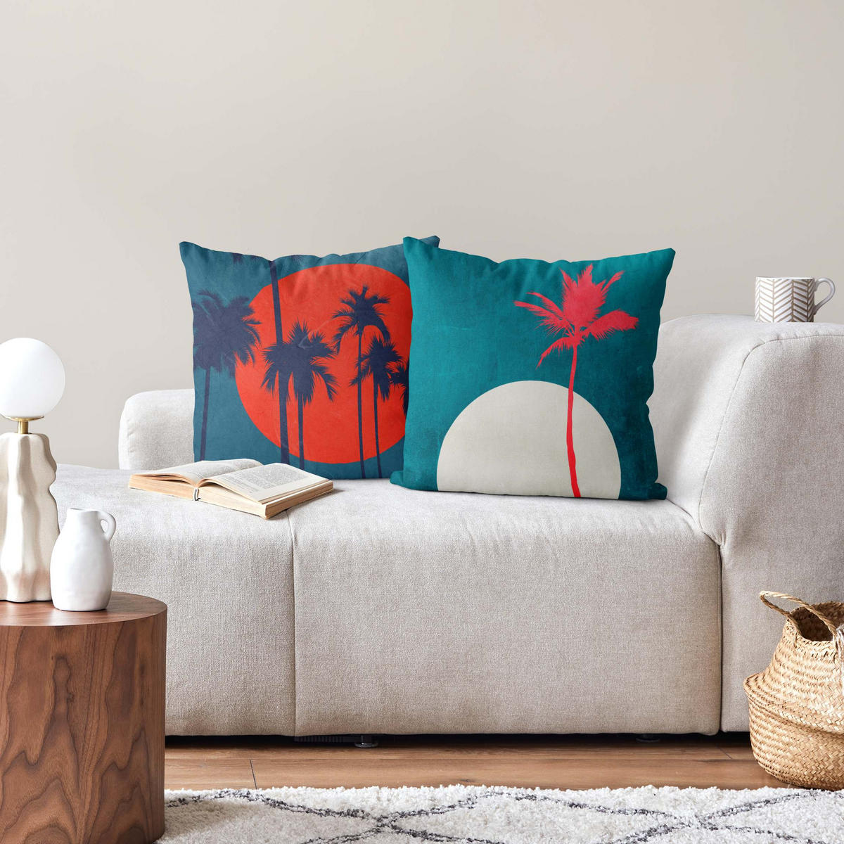 DEKOKISSEN 2er-Set Palmen Abendsonne Duo 50/50 cm - Türkis, Textil (50/50cm) - Bilderwelten