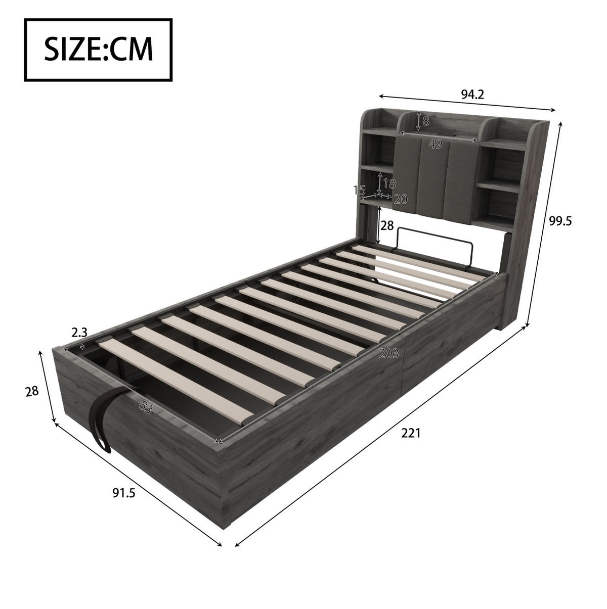 JUGENDBETT Einzelbett 90/200 cm aus MDF mit hydraulischem Stauraum und USB-Tape-C-Anschluss Grau/Holzfarben - Grau, Holzwerkstoff (90/200cm) - Modenvie