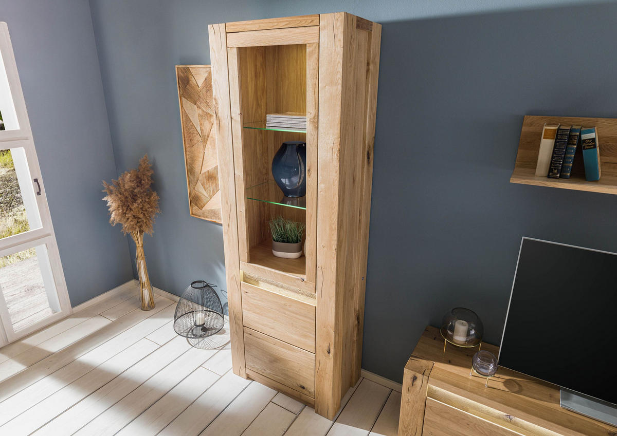VITRINE Wildeiche 73x40x205 beige geölt KENT #201 - Hellbraun, Holz (73/205/40cm) - Massivmoebel24