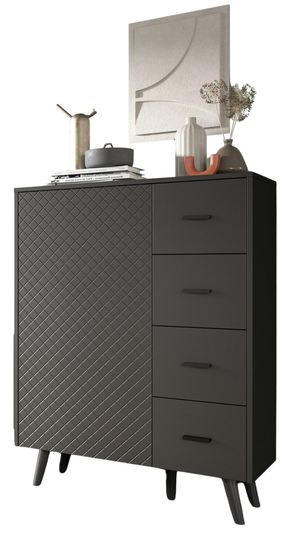 KOMMODE grau matt 84 x 114 cm, HIGHBOARD mit Struktur - Schwarz/Grau, Holzwerkstoff/Metall (84/114/37cm) - Inn.Furn