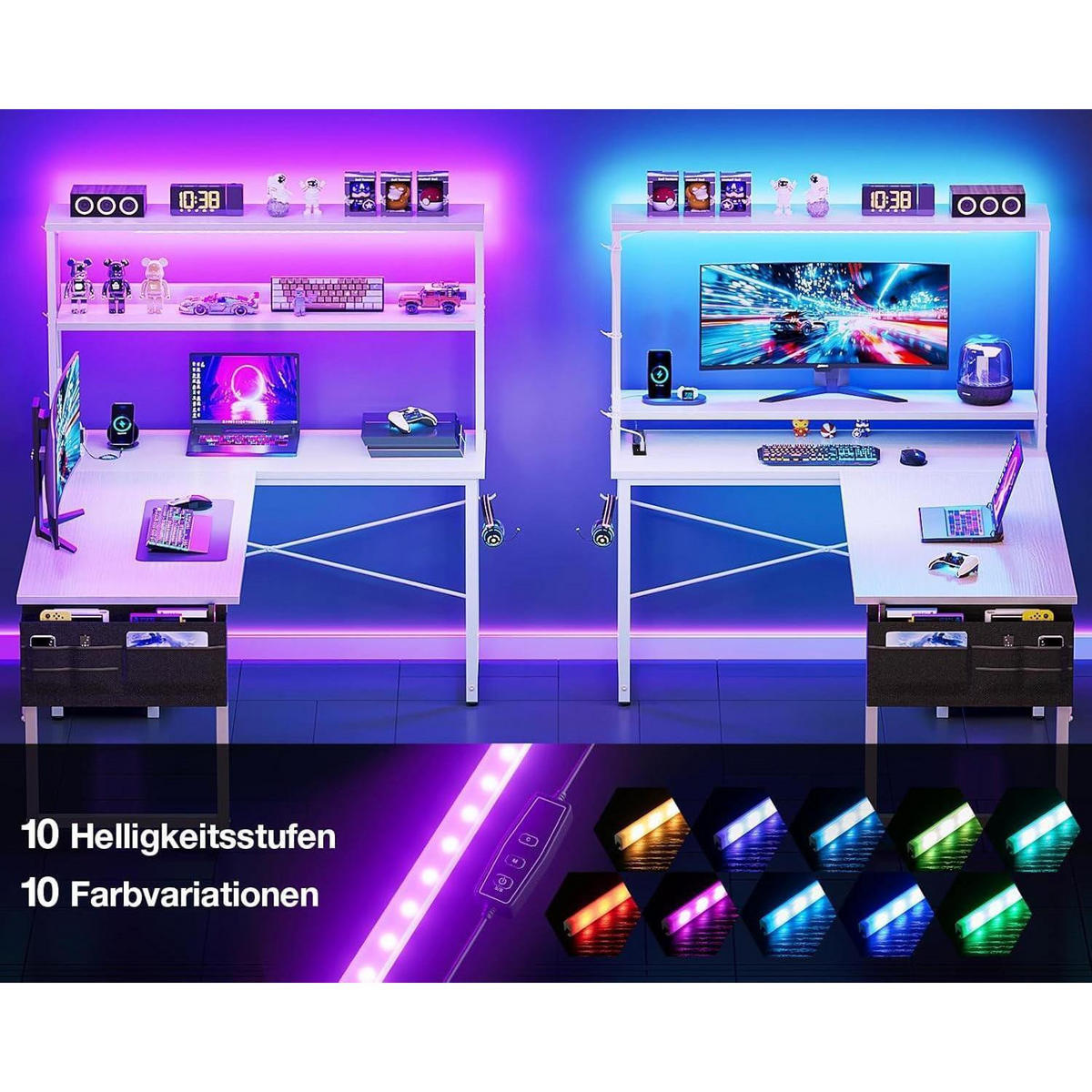 GAMING Tisch L-Form mit LED und Steckdosen 135 x 100 cm Weiß - Weiß, Holzwerkstoff (80/110/75.6cm)