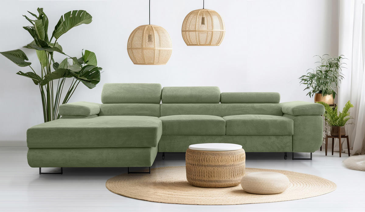 ECKSOFA L Form Arborio Salbeigrün 280/203/90 cm Links mit Schlaffunktion - Schwarz/Grün, Textil/Metall (203/280cm) - AX Living