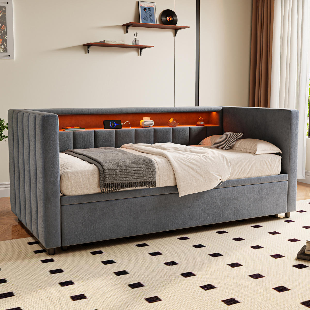 BETT mit Stauraum & Ausziehbett mit USB-C Anschluss und LED-Beleuchtung Beige 196/82-144/85 cm - Dunkelgrau, Textil - OKWISH